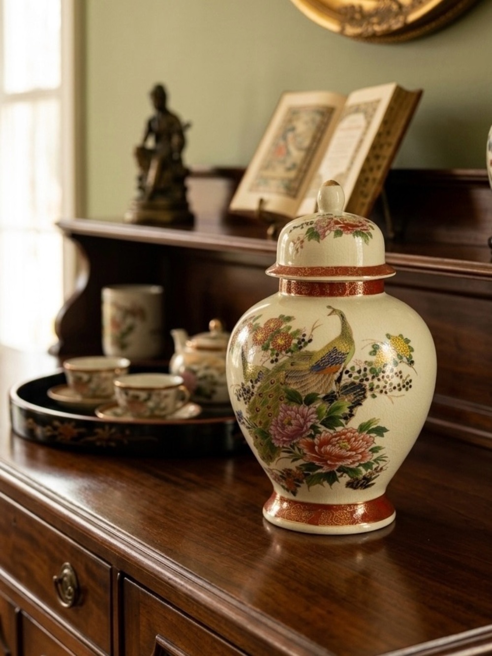 SATSUMA JAPANESE GINGER JAR  Cream Colored Finely Crackled Glaze Floral Peacock